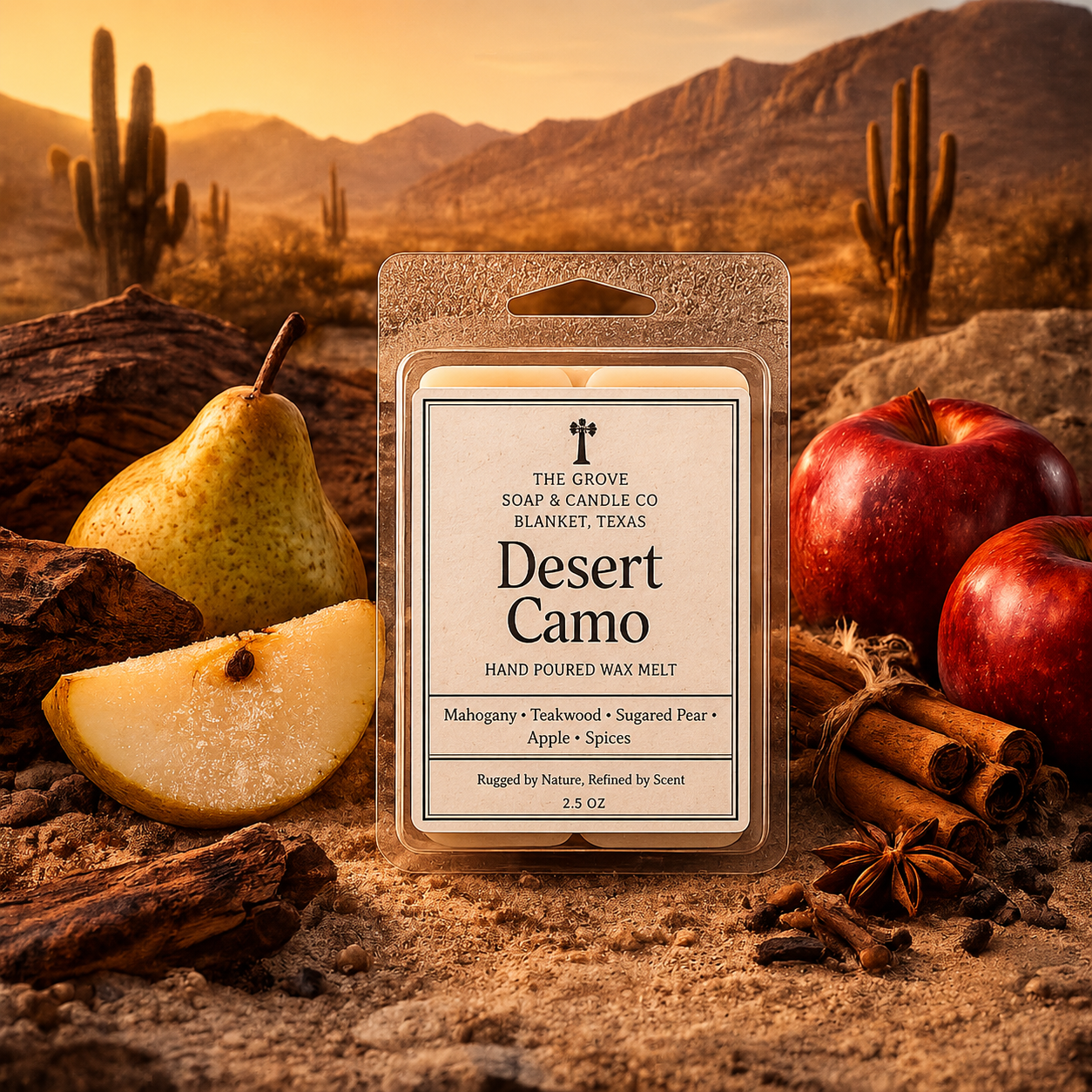 Desert Camo Wax Melts on a desert background depicting the scent of pears, apples, and cinnamon. 