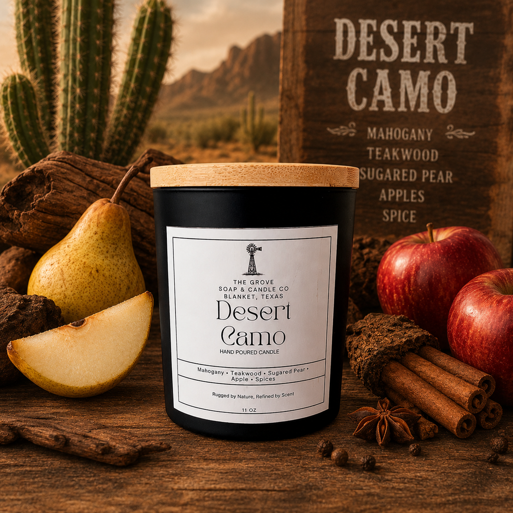 Desert Camo Candle sitting on a wooden table with a desert background. Surrounded by pears, apples, and cinnamon. 