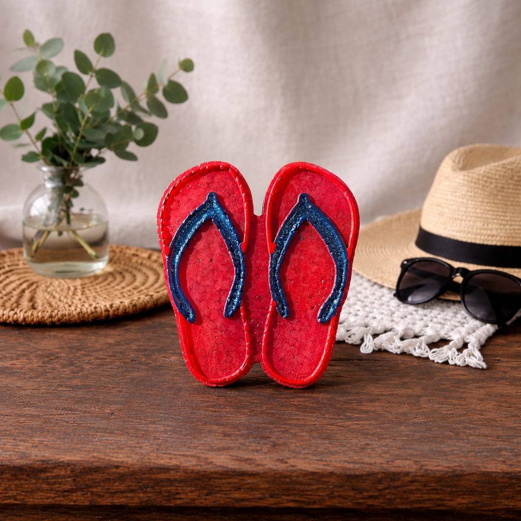 A pair of red and blue glitter flip flop car freshie on a wooden table