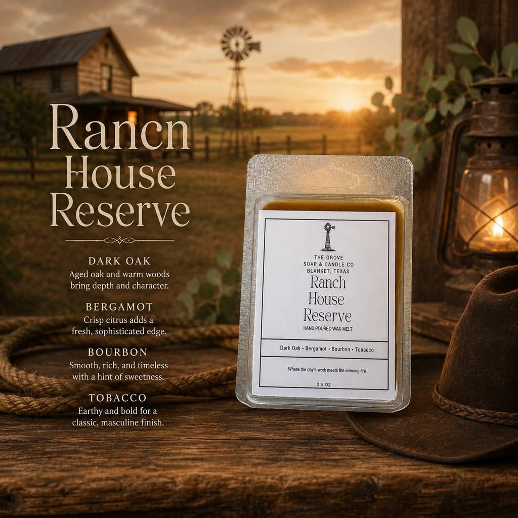 Ranch House Reserve Wax Melt on a old Ranch sitting on a table outside. Shows the product name and scent profile