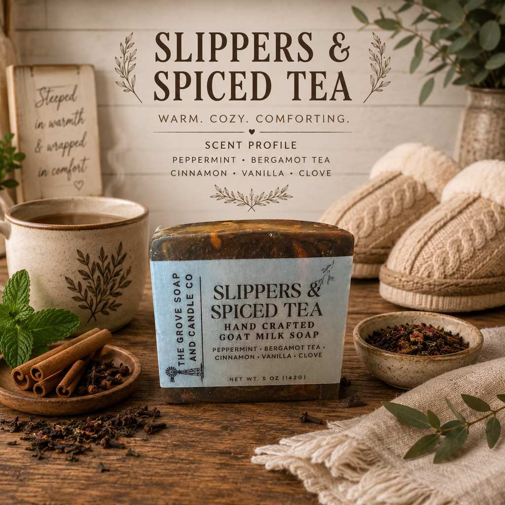 Slippers & Spiced Tea Goat Milk Soap on a background that shows its name and scent profile of peppermint, bergamot tea, cinnamon, vanilla, and clove