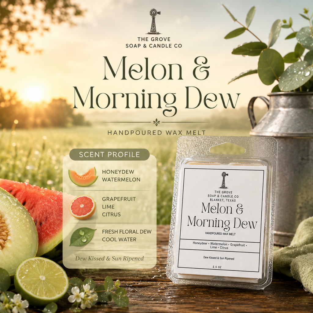 Melon & Morning Dew Wax Melt on a sunrise background with watermelons honey dew and limes showing the scent profile