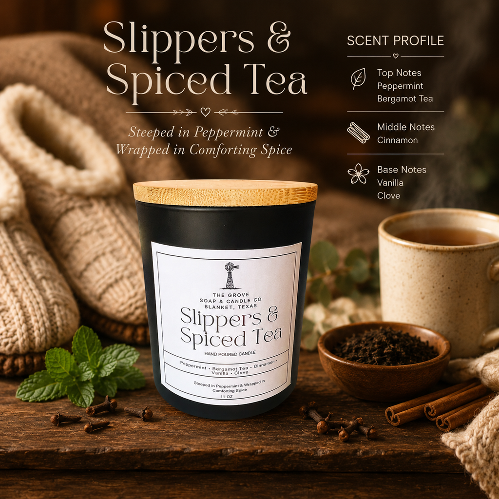 Slippers & Spiced Tea Candle sitting on a wooden table surrounded by products that depict its scent profile of peppermint, bergamot tea, cinnamon, vanilla, and clove