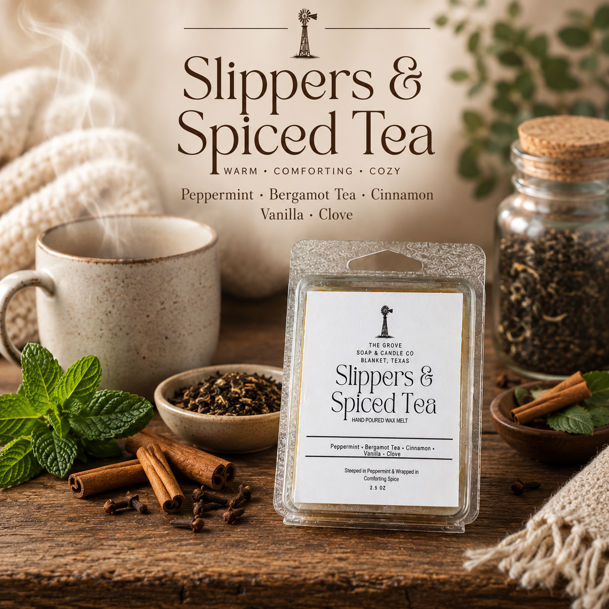 Slippers & Spiced Tea showing its scent profile of peppermint, bergamot tea, cinnamon, vanilla, and clove