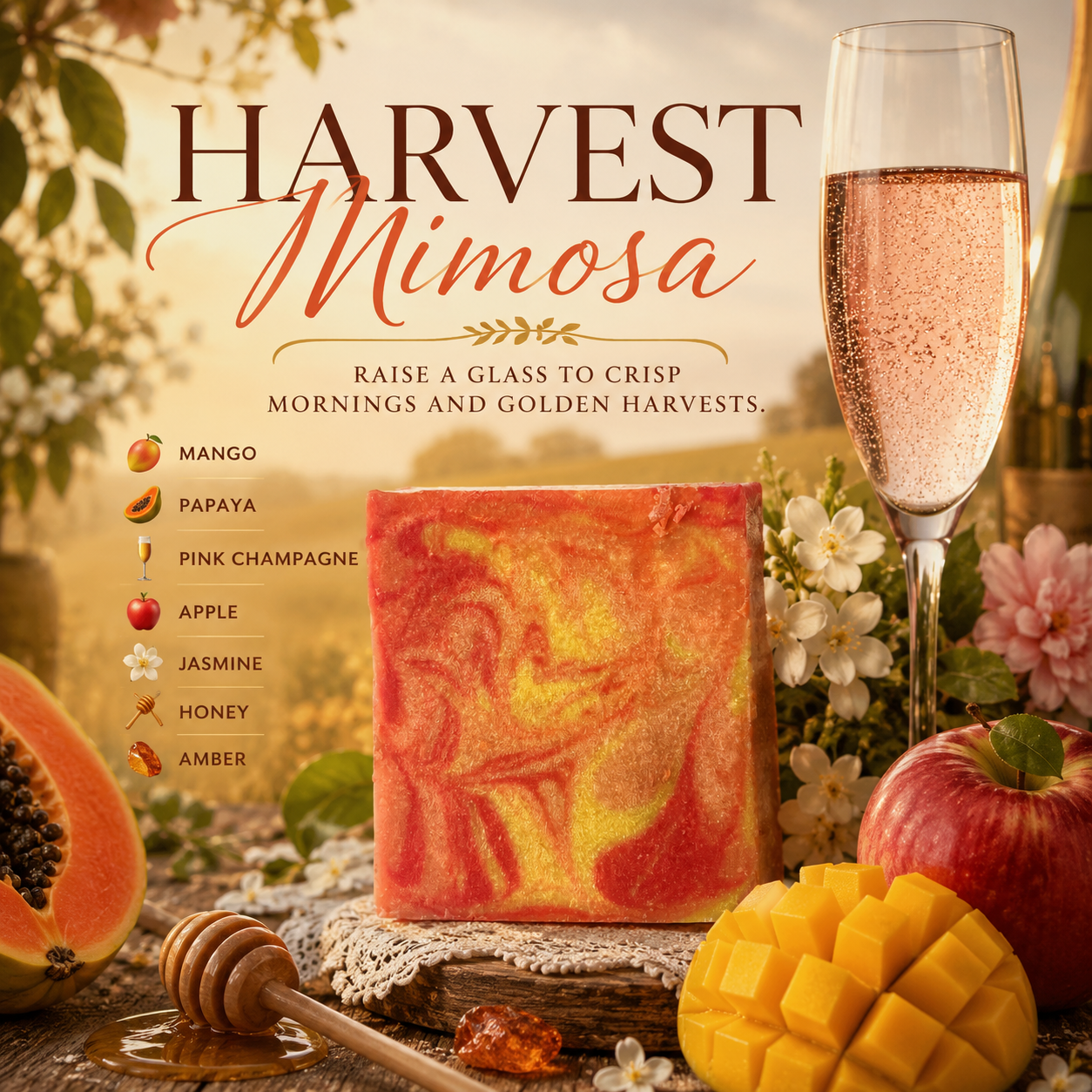 A decorative product listing graphic for a square soap bar labeled 'Harvest Mimosa.' The soap has a marbled orange, red, and yellow pattern. Surrounded by its scent makeup of mango, papaya, pink champagne, apple, jasmine, honey, and amber. 