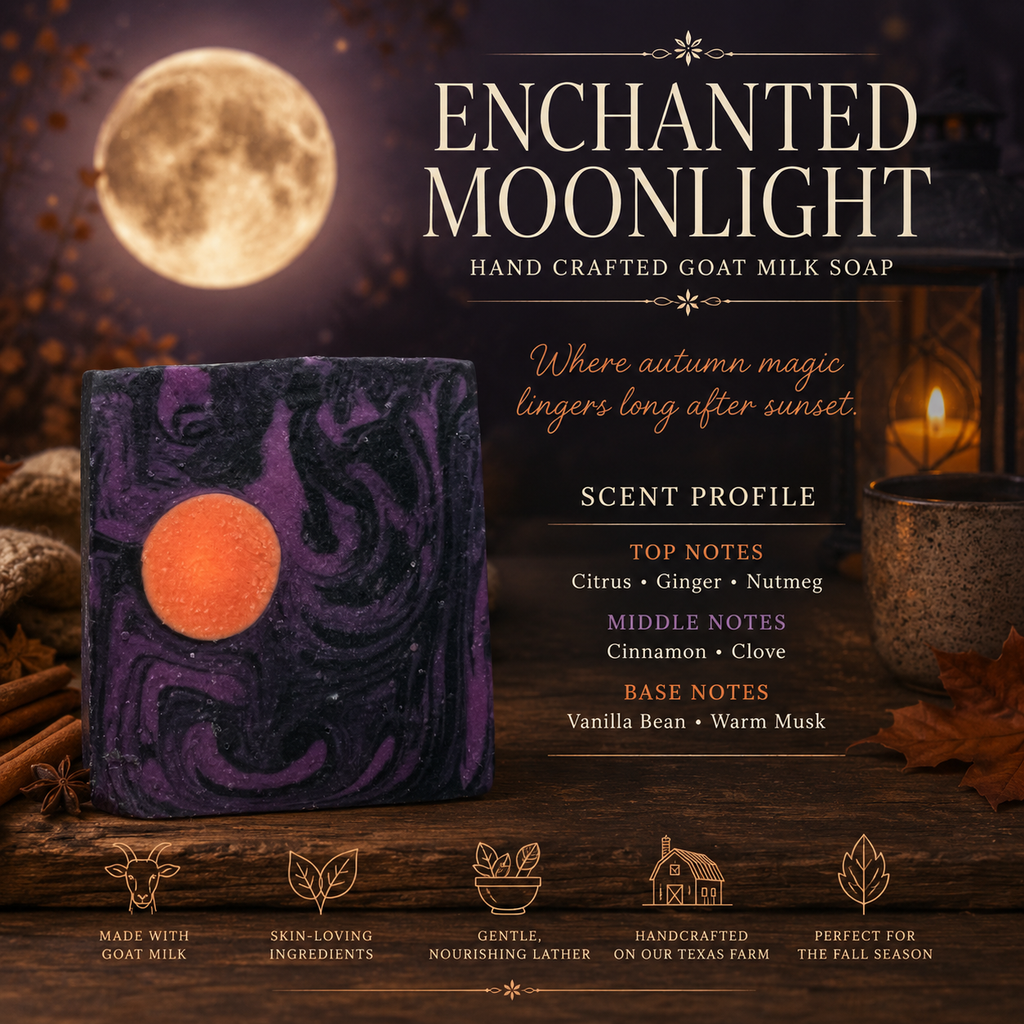 A bar of Enchanted Moonlight goat milk soap showing the design of black and purple swirls with a orange moon. 