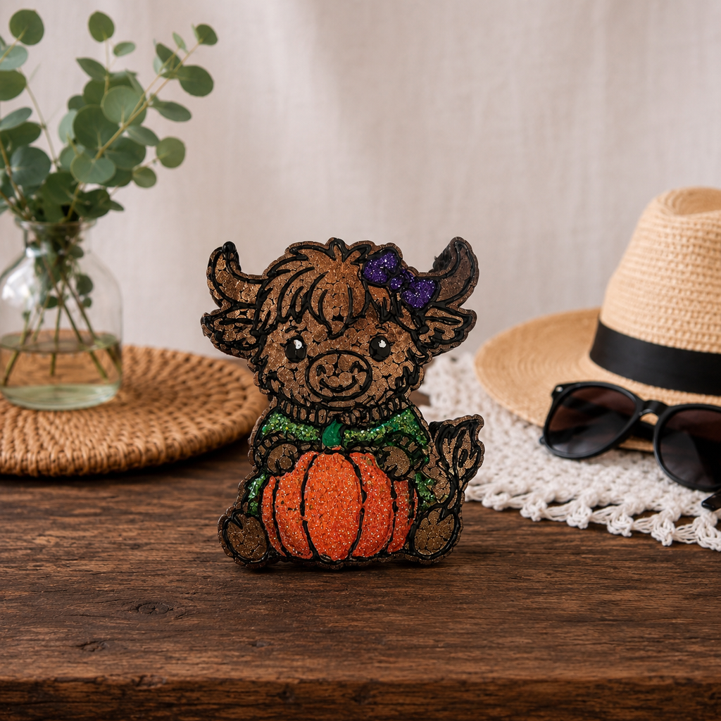 A cute highland cow car freshie with a glittered green sweater and orange glitter pumpkin and glittered purple bow. Sitting on a wooden table