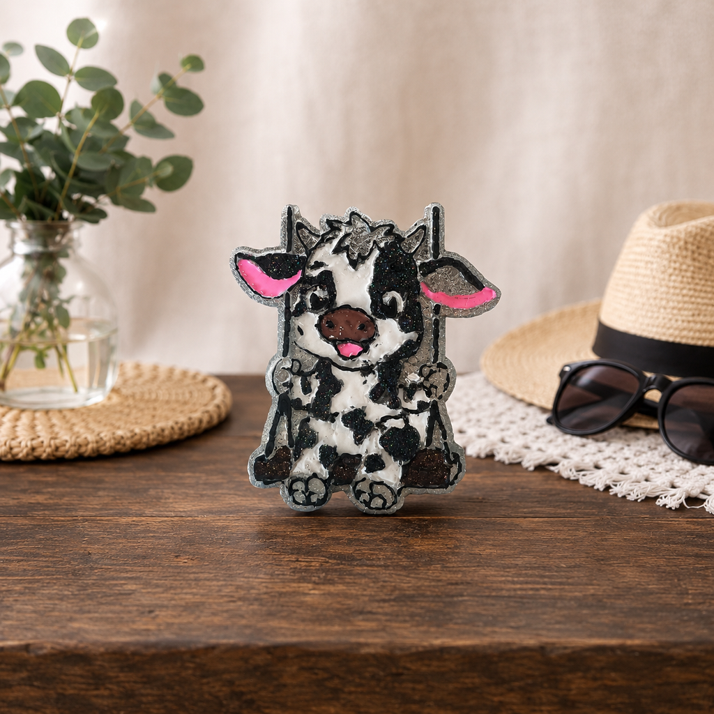 Cow shaped car freshie in white and black glitter on a swing