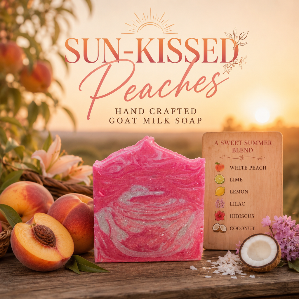 A pink and white marbled handcrafted goat milk soap bar is displayed on a rustic wooden table with peaches, a coconut half, and purple flowers. A wooden label card next to the soap reads 'A Sweet Summer Blend' listing ingredients: White Peach, Lime, Lemon, Lilac, Hibiscus, and Coconut.