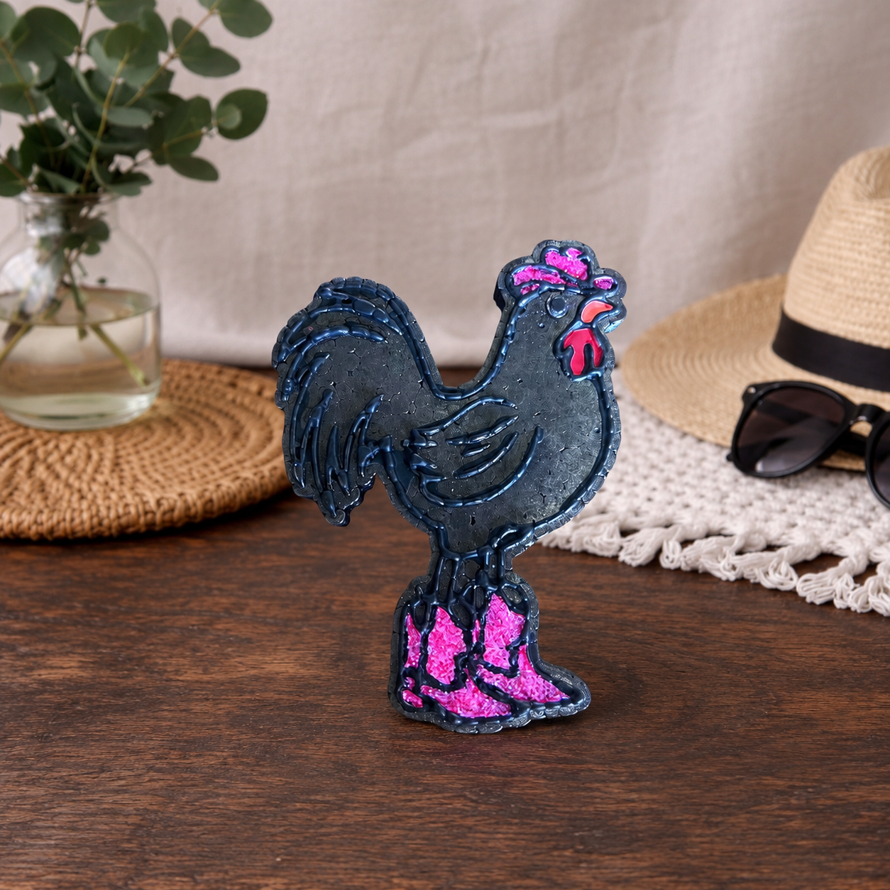 Black Rooster car freshie with pink glitter cowboy boots and cowboy hat. Standing on a wooden table.