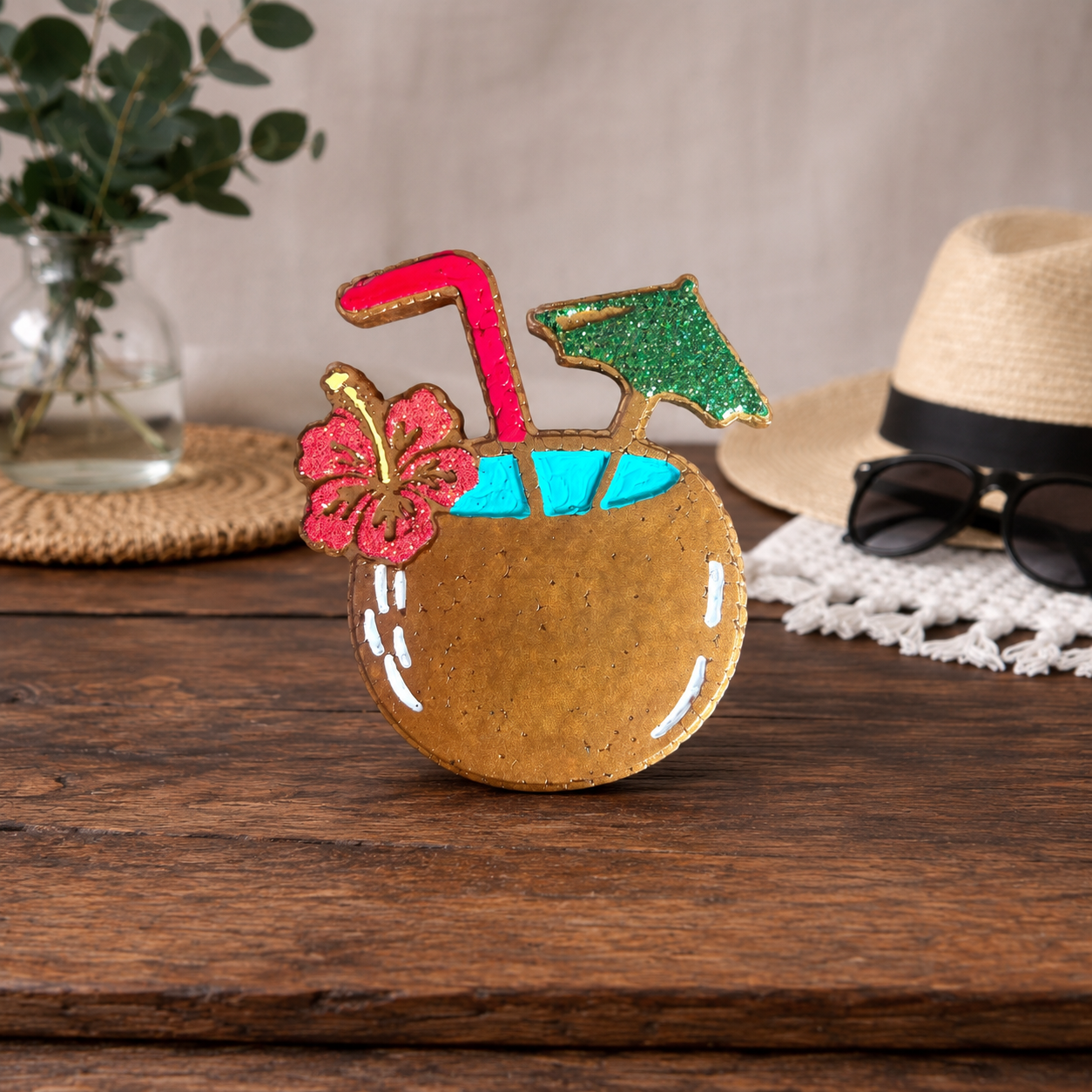 Coconut Luau Car Freshie. Gold Coconut with blue painted liquid a green glitter umbrella red straw and glitter hibiscus flower on a wooden table. 