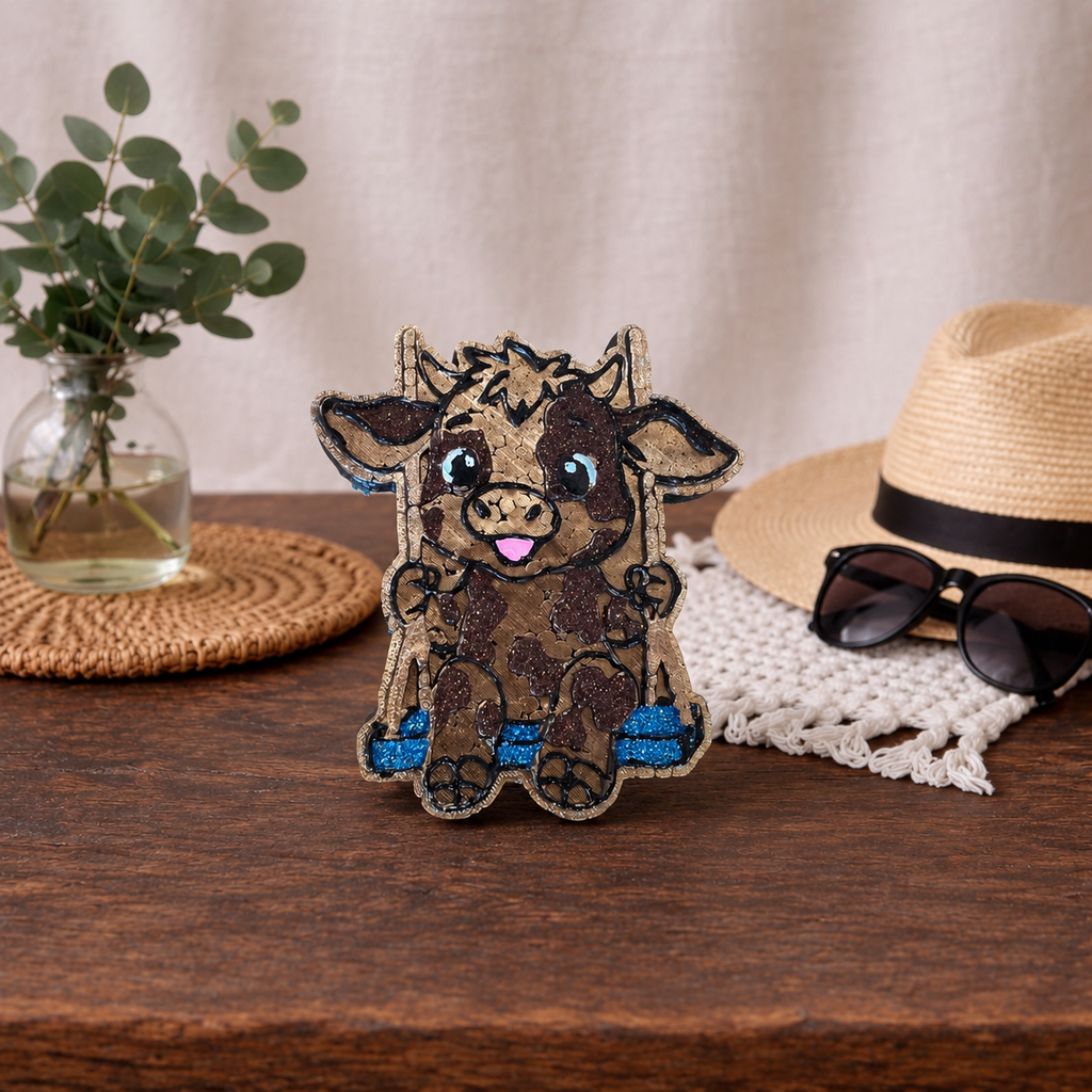 Brown cow with brown glitter sitting on a blue glitter swing