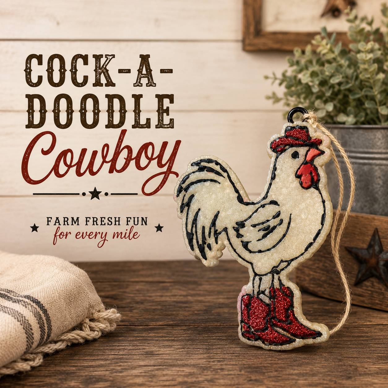 A white rooster car freshie wearing red glitter cowboy hat and red glitter boots. Sitting on a wooden table with western decor in the background. Cock-a-Doodle Cowboy displayed for the product name. 