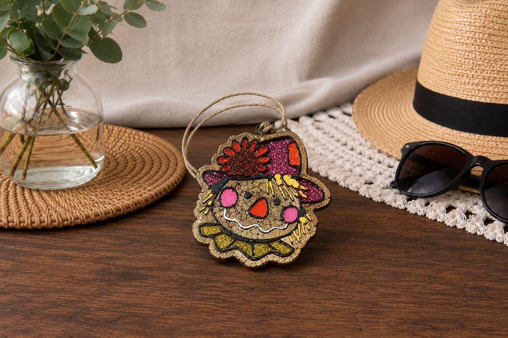 A handmade scarecrow car freshie with a hanging loop, styled on a wooden tabletop with a straw hat, sunglasses, a glass vase with greenery, and a cream fabric backdrop.
