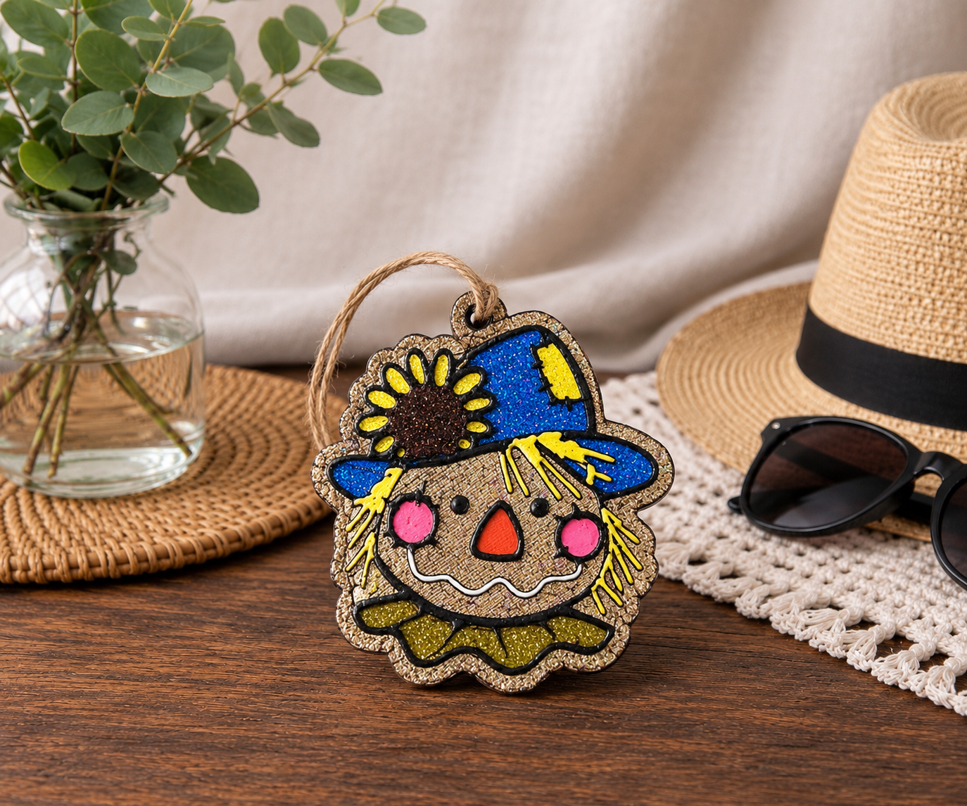 A handmade scarecrow car freshie with a brown base, a blue glitter hat with yellow straw details, and a smiling face, displayed on a wooden table with a straw hat, sunglasses, and a plant in the background.