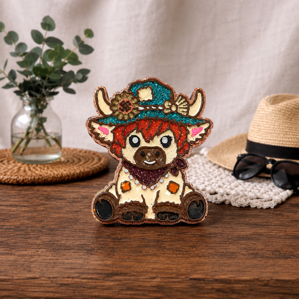 A decorative cute cartoon cow car freshie wearing a turquoise hat and a maroon bandana, styled on a wooden table with a straw hat, sunglasses, and a glass vase in the background.