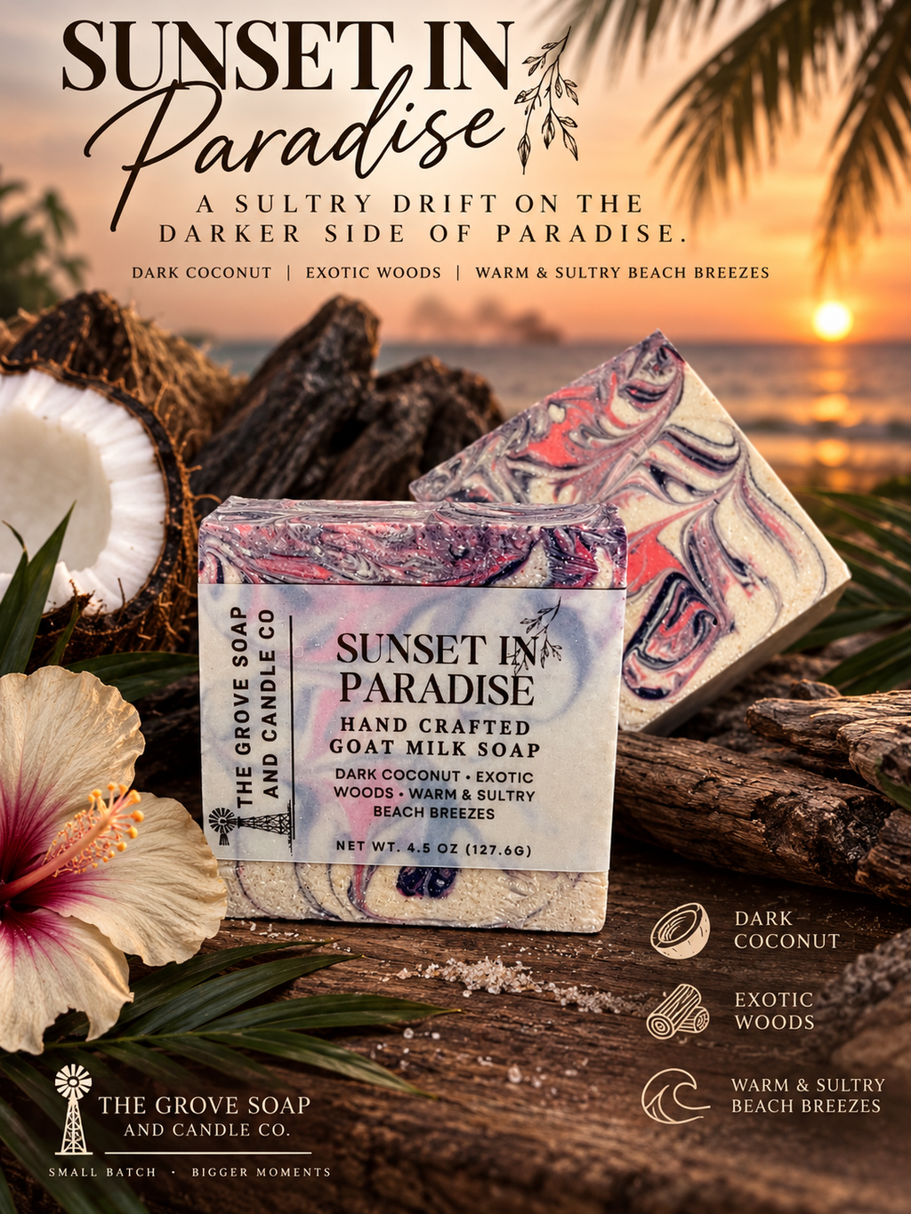 A handcrafted goat milk soap bar with a marbled sunset design, displayed in a tropical beach setting with a coconut, hibiscus flower, and sunset background. The soap packaging features a white label with black text.