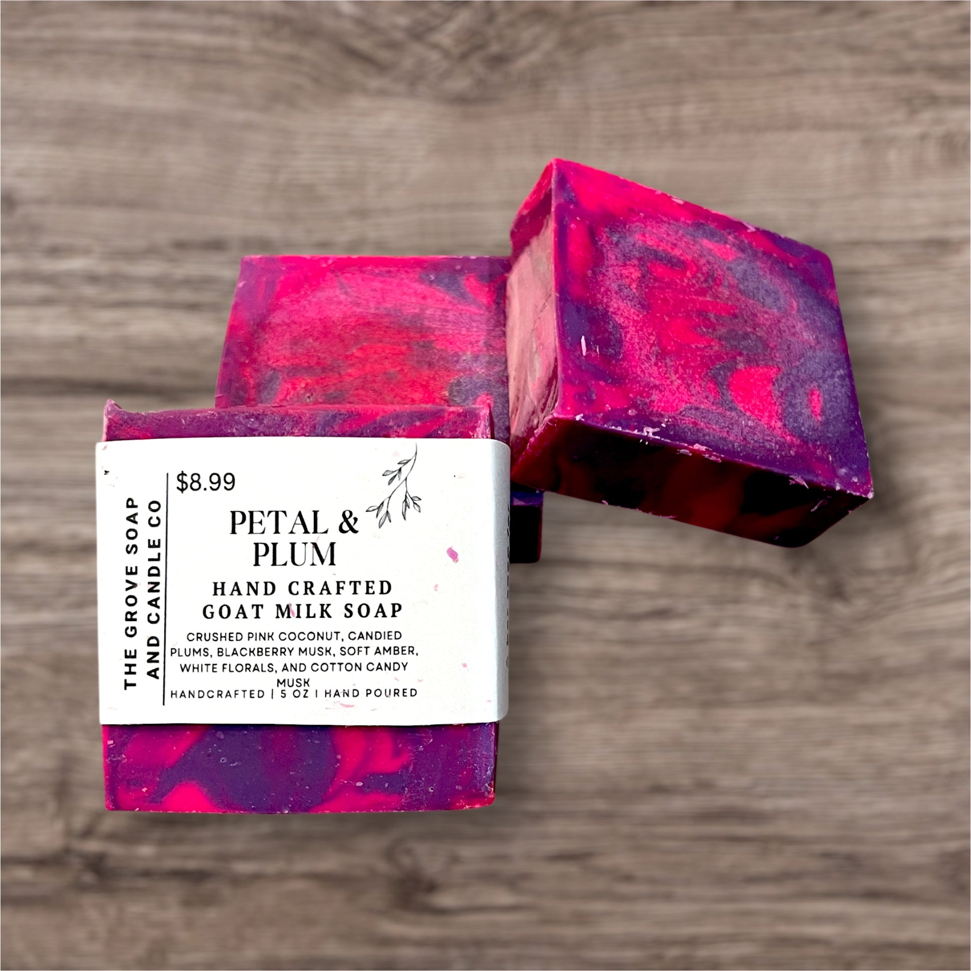 Packaging of Petal & Plum Goat Milk Soap with a clear view of branding by The Grove Soap and Candle Co. 