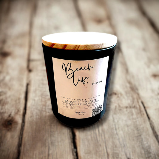 Beach Life Handpoured candle showing the elegant packaging and branding by The Grove Soap and Candle Co