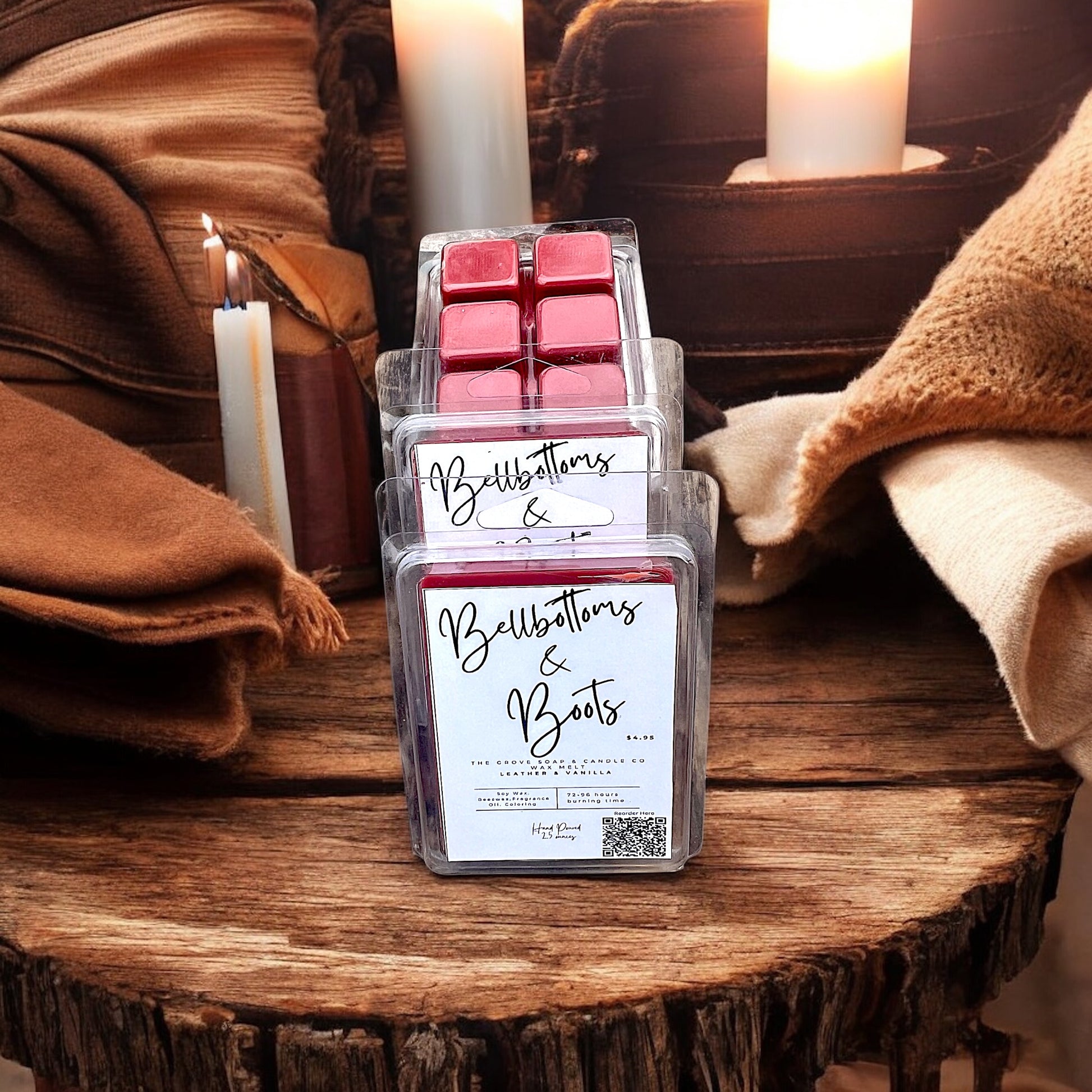 Bellbottoms and Boots wax melts styled with leather and cozy candles for rustic western vibe