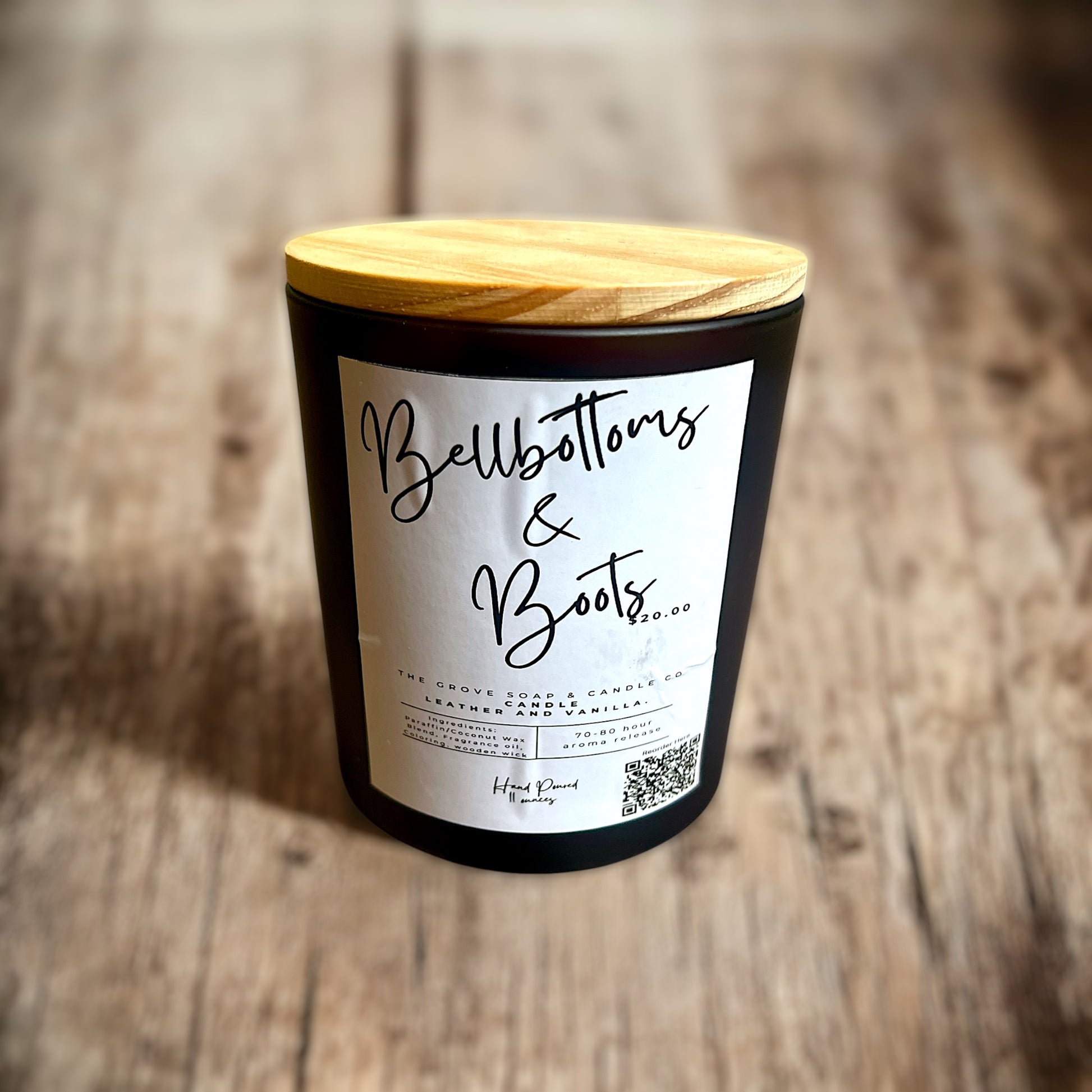 Bellbottoms & Boots Handpoured candle showing the elegant packaging and branding by The Grove Soap and Candle Co