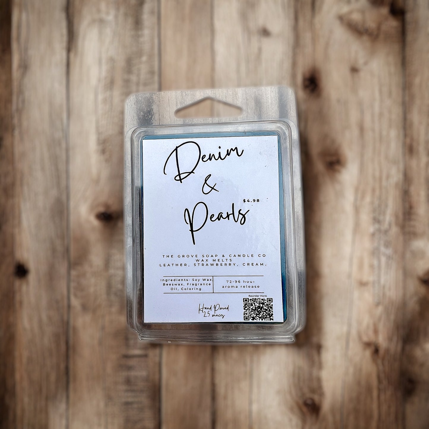 Denim and Pearls soy/beeswax melts. Showcasing 6 cube clamshell and branding from The Grove Soap and Candle Co