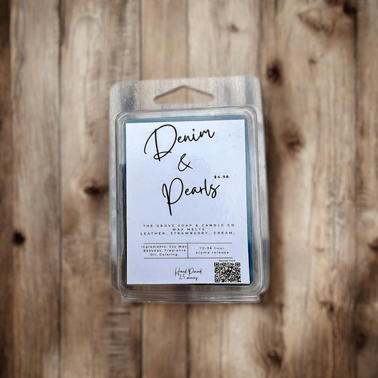 Denim and Pearls soy/beeswax melts. Showcasing 6 cube clamshell and branding from The Grove Soap and Candle Co