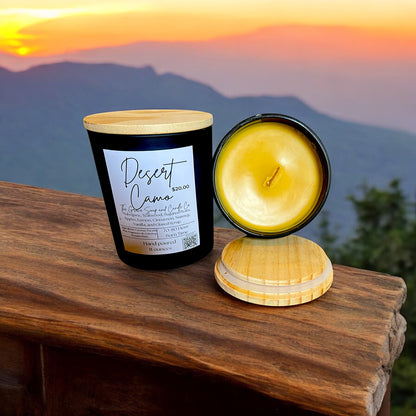 Desert Camo Scented Candle – 11oz Black Ceramic with Wooden Wick – Mahogany, Teakwood, Sugared Pear & Spice – Coconut Paraffin Wax