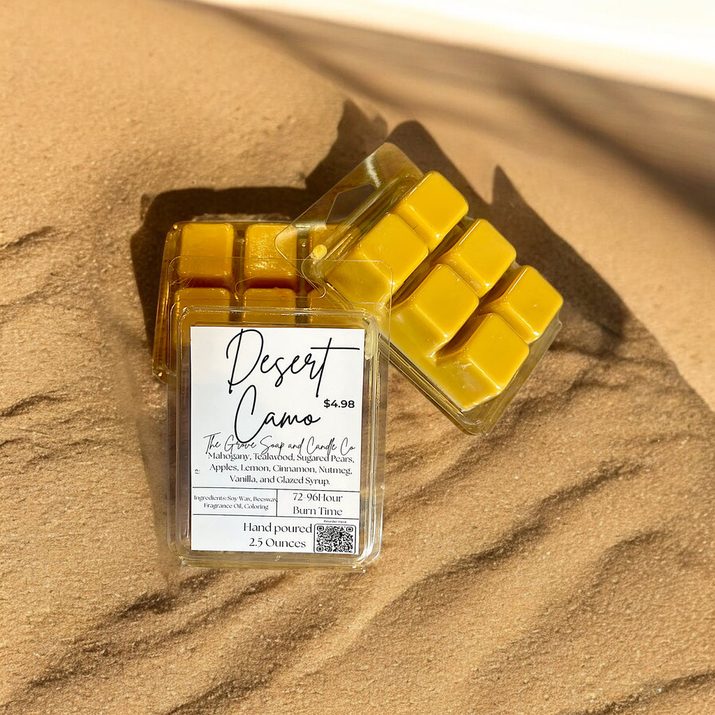 Desert Camo Wax Melts – 2.5oz Soy & Beeswax Blend – Mahogany, Teakwood, Sugared Pear & Spice – 6 Cube Clamshell