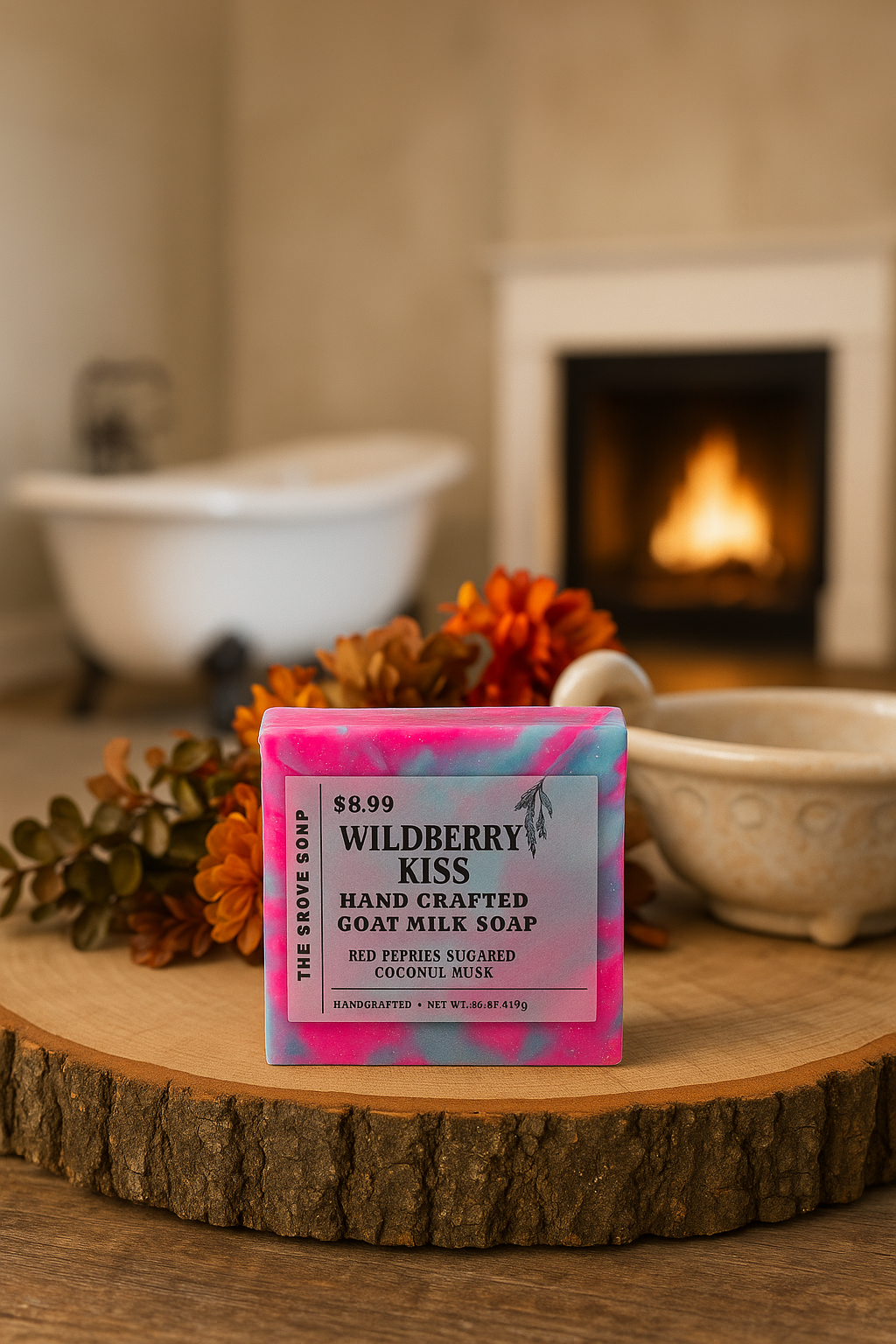 Bar of Wildberry Kiss soap on a wooden surface with a fireplace and bathtub in the background. Depicts the scent of red berries, sugared coconut, and musk. 
