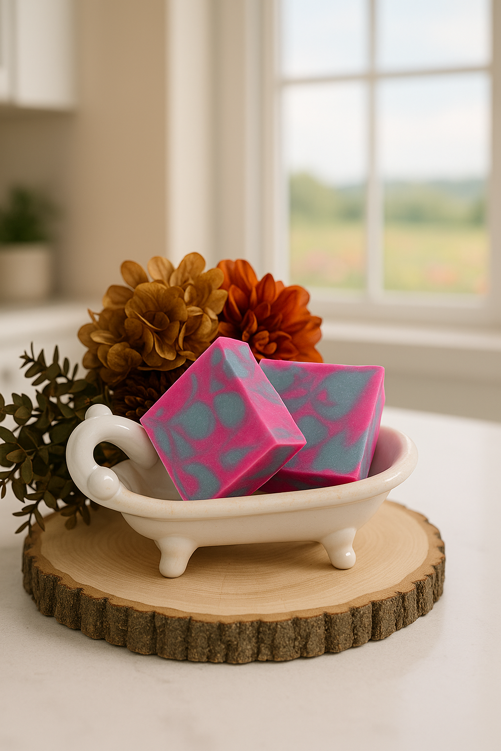 Two colorful soap bars in a white bathtub on a wooden stand with decorative flowers and greenery. Shows the smoothness of the goat milk soap and bright pink and blue swirls. 