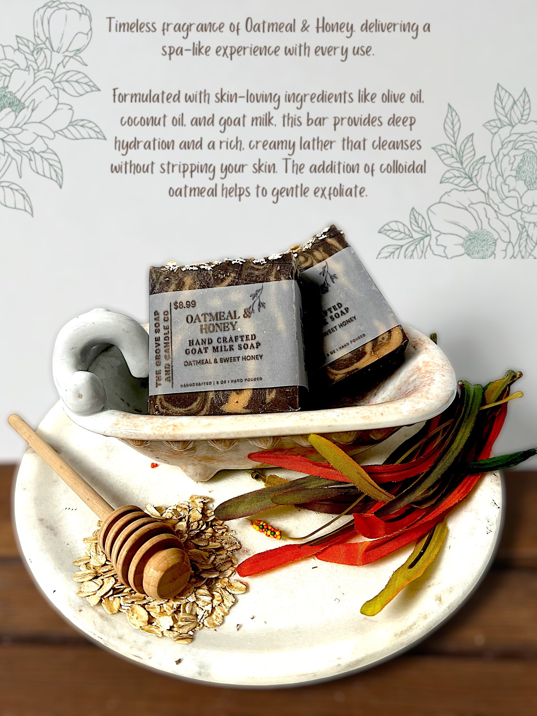Oatmeal and honey soap bar with packaging on a decorative plate with honeycomb and honey sticks.  Describes the scent and components. 