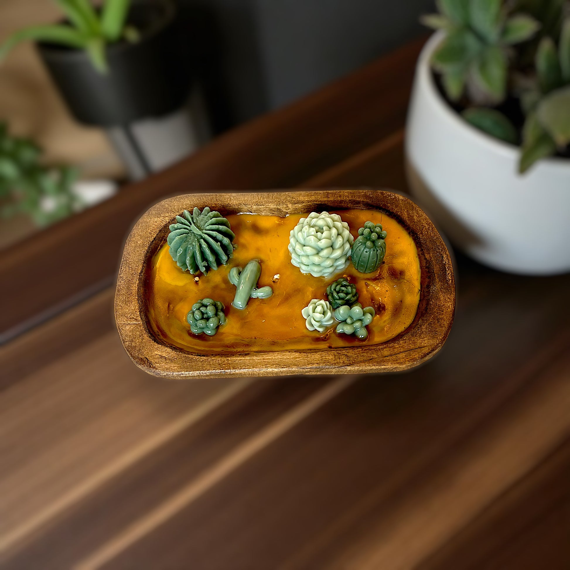 Succulent Dough Bowl Candle – Hand Carved Wooden Bowl | 3-Wick Highly Scented Candle | 16 oz | Rustic Home Décor