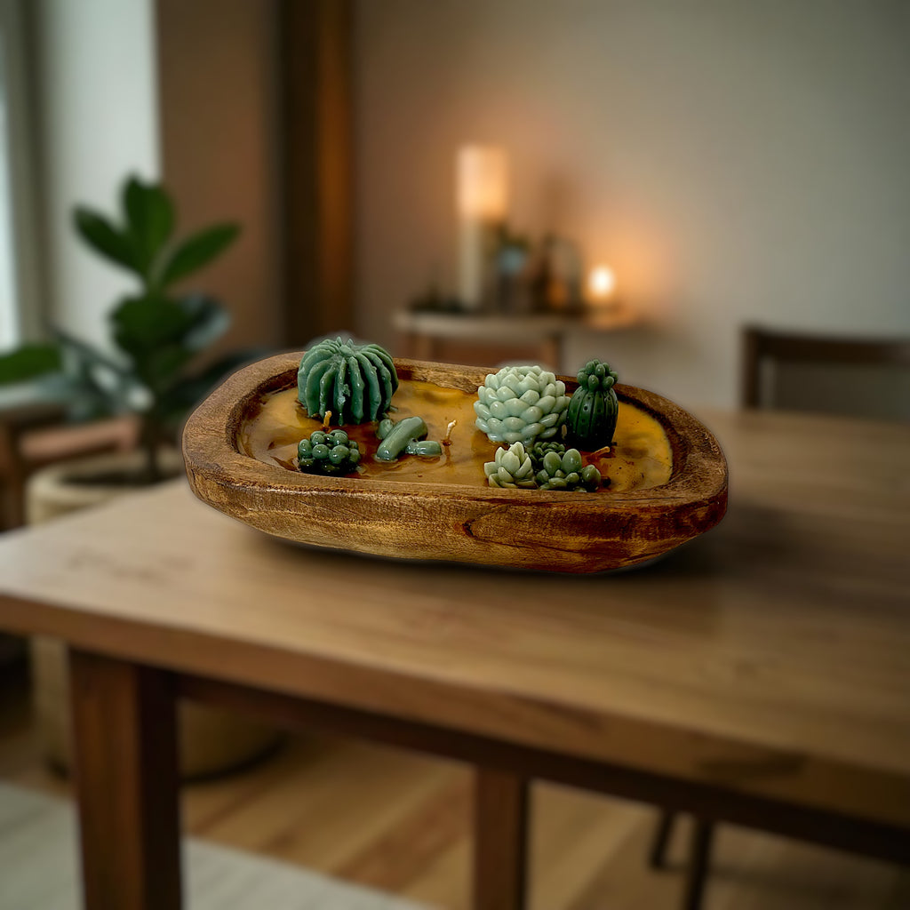 Succulent Dough Bowl Candle – Hand Carved Wooden Bowl | 3-Wick Highly Scented Candle | 16 oz | Rustic Home Décor