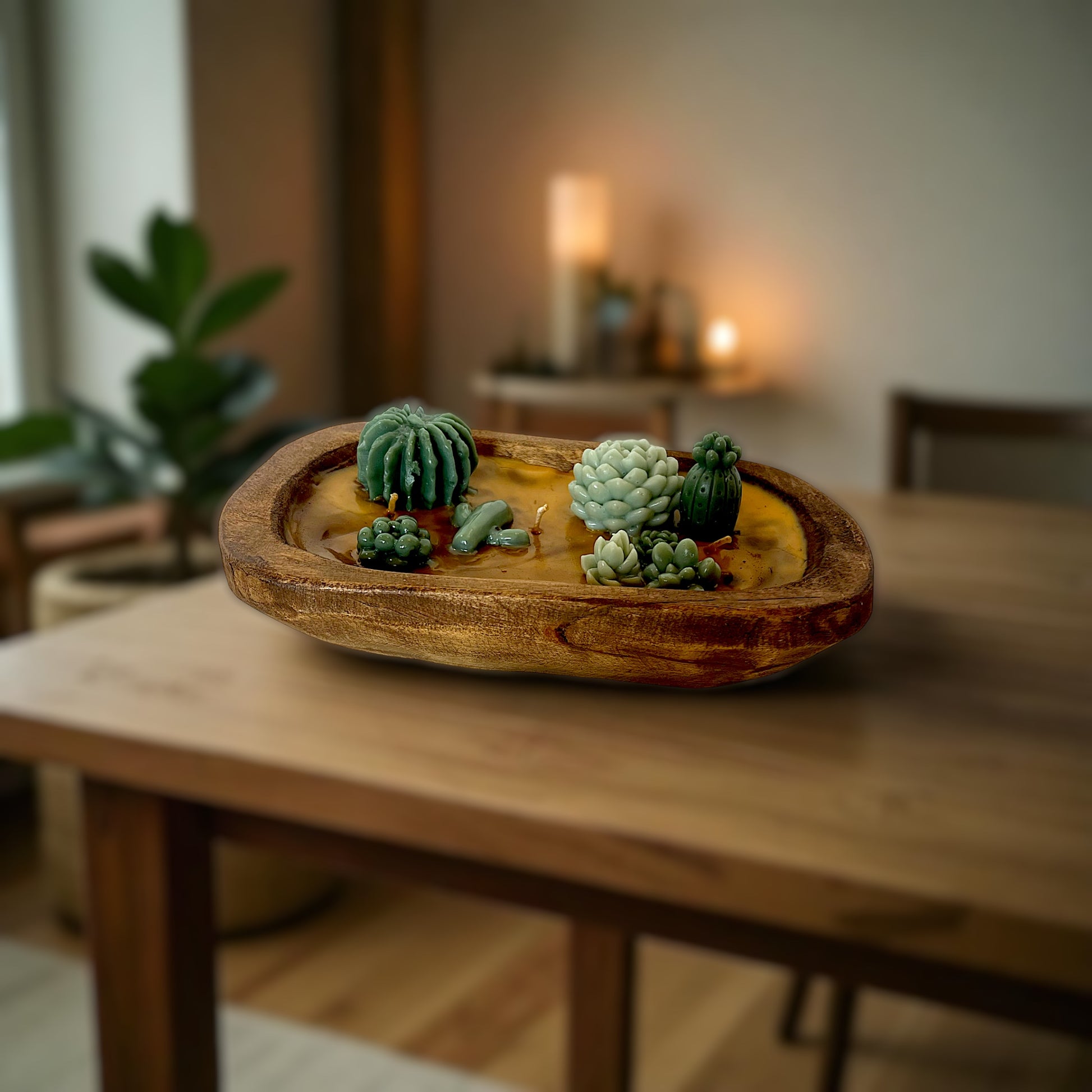 Succulent Dough Bowl Candle – Hand Carved Wooden Bowl | 3-Wick Highly Scented Candle | 16 oz | Rustic Home Décor