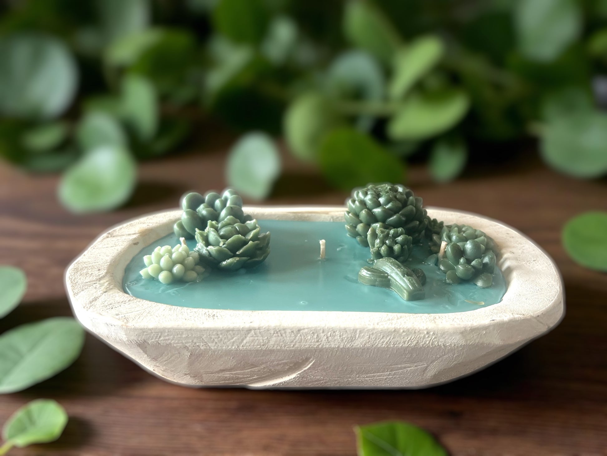 Succulent Dough Bowl Candle – Hand Carved Wooden Bowl | 3-Wick Highly Scented Candle | 16 oz | Rustic Home Décor