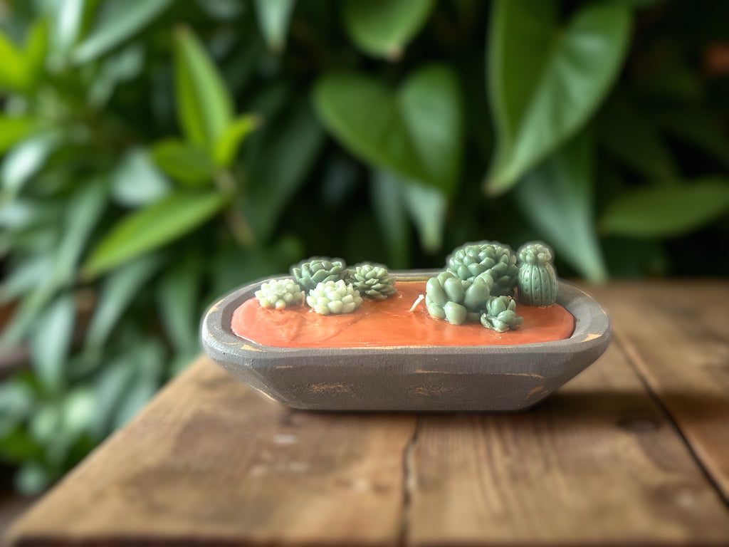 Succulent Dough Bowl Candle – Hand Carved Wooden Bowl | 3-Wick Highly Scented Candle | 16 oz | Rustic Home Décor