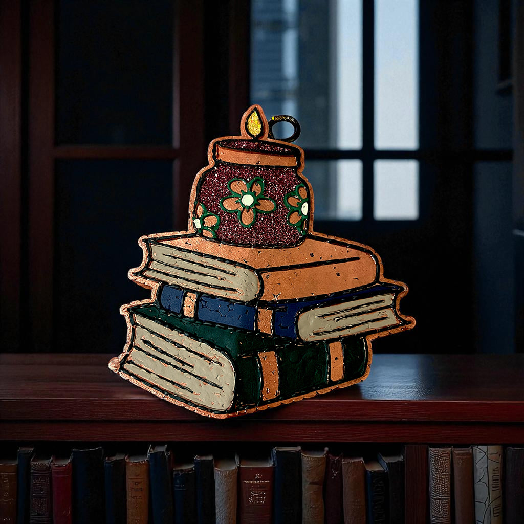 Decorative candle car freshie on books with a window in the background