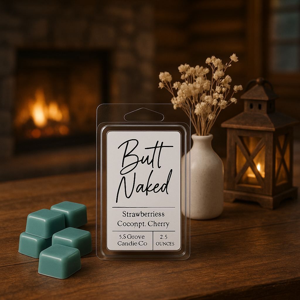 Packaged wax melts labeled 'Butt Naked' on a wooden surface with a fireplace in the background. 