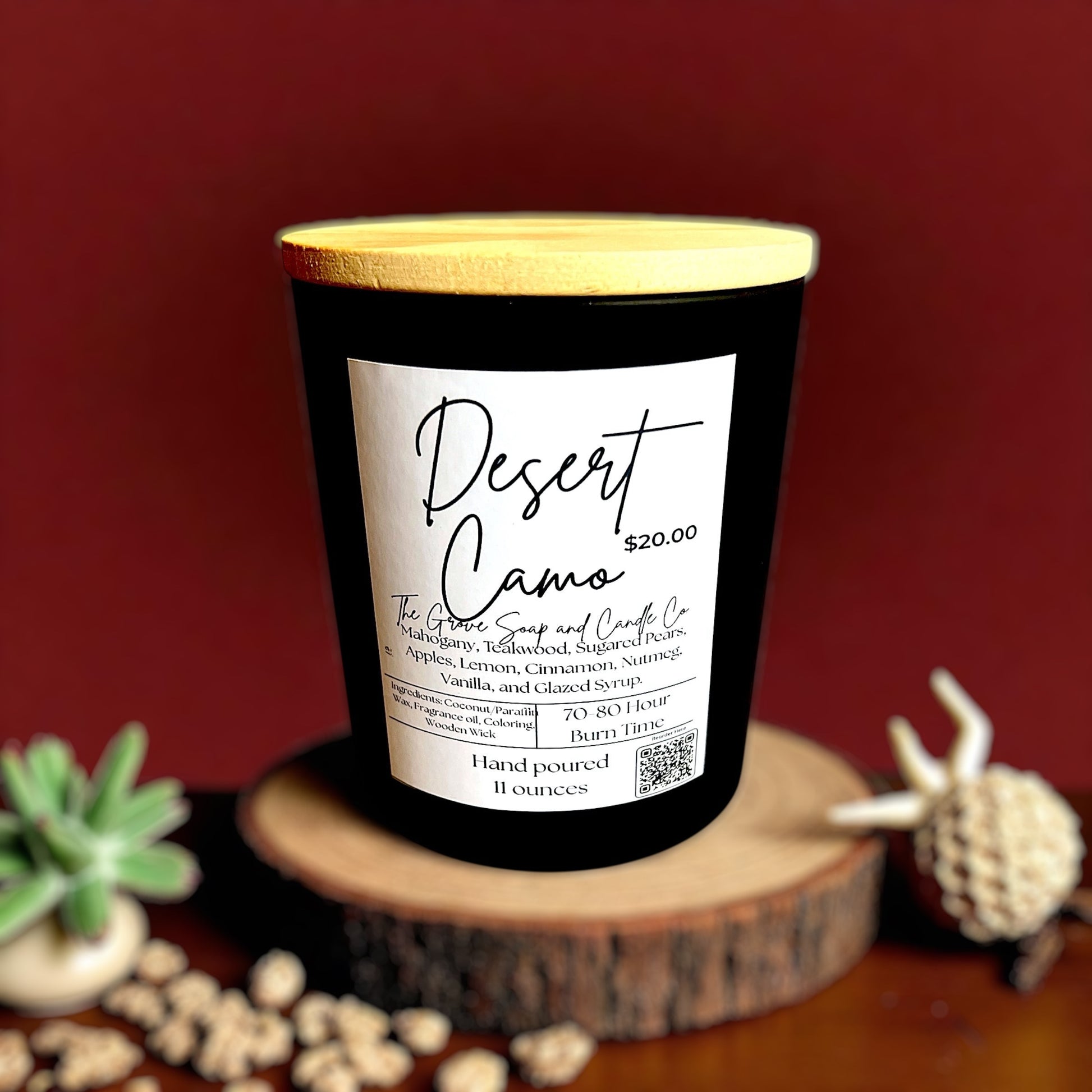Desert Camo Scented Candle – 11oz Black Ceramic with Wooden Wick – Mahogany, Teakwood, Sugared Pear & Spice – Coconut Paraffin Wax
