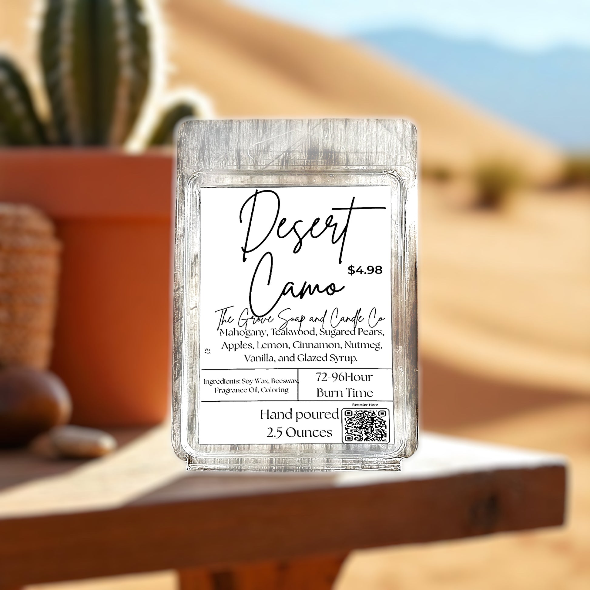 Desert Camo Wax Melts – 2.5oz Soy & Beeswax Blend – Mahogany, Teakwood, Sugared Pear & Spice – 6 Cube Clamshell