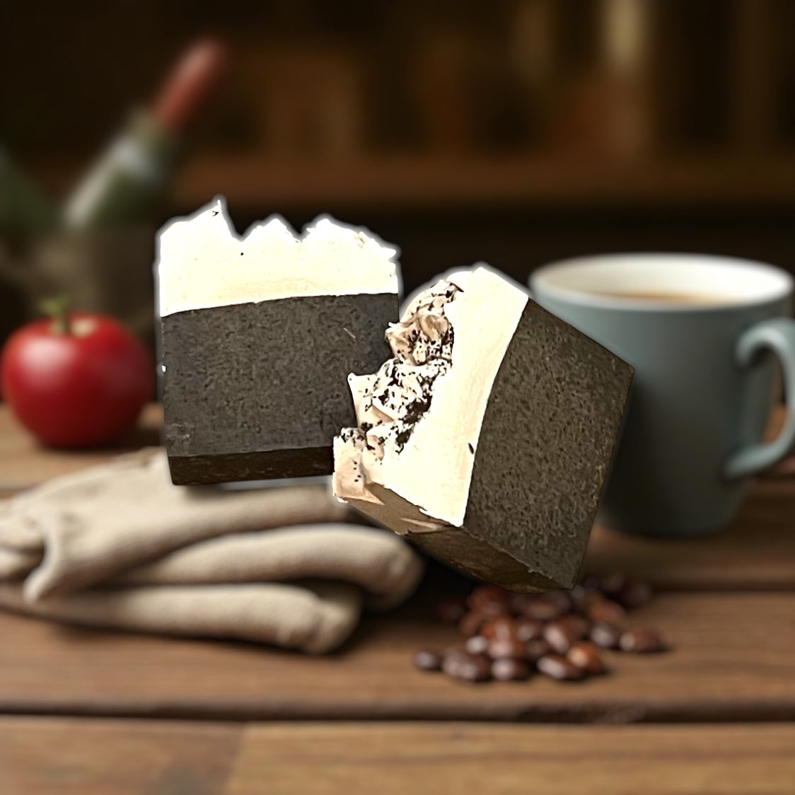Two layered soap bar with coffee beans and a cup of coffee on a wooden surface. Shows the colors and texture of this bar of soap with coffee grounds. 