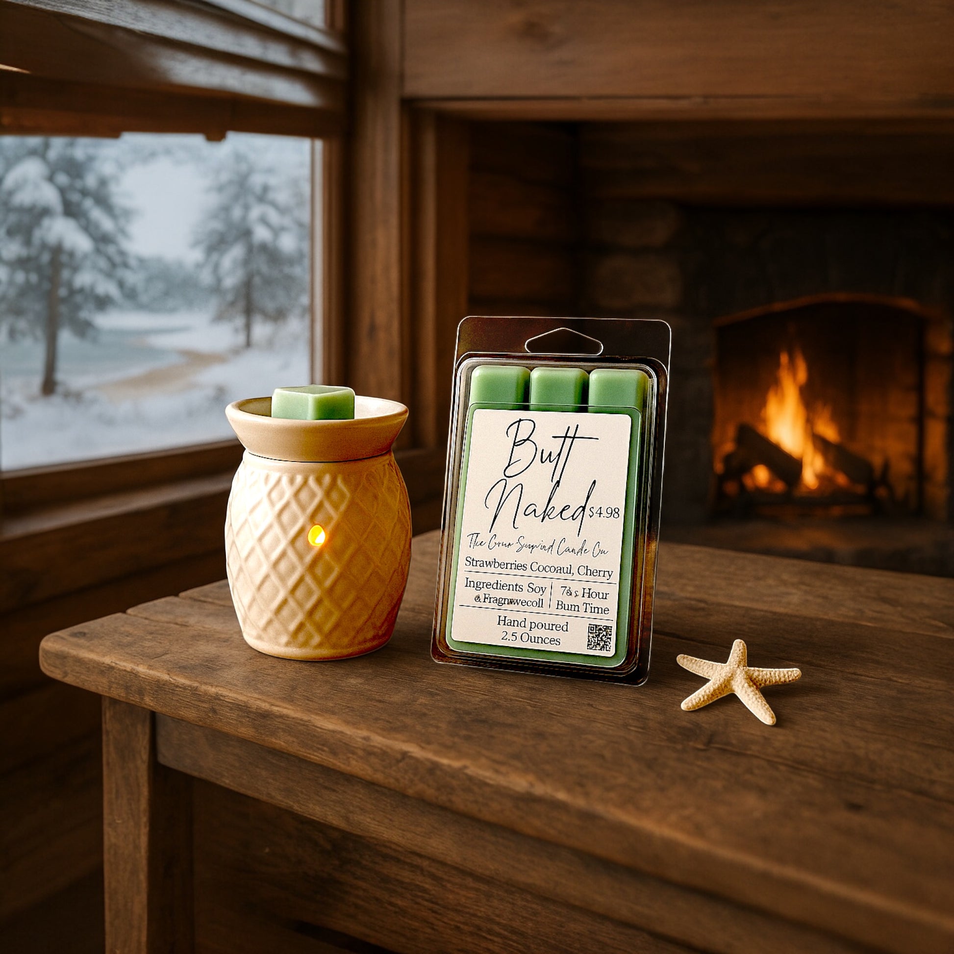 Wax warmer with green wax melts labeled 'Butt Naked' on a wooden surface with a fireplace and snowy window in the background.