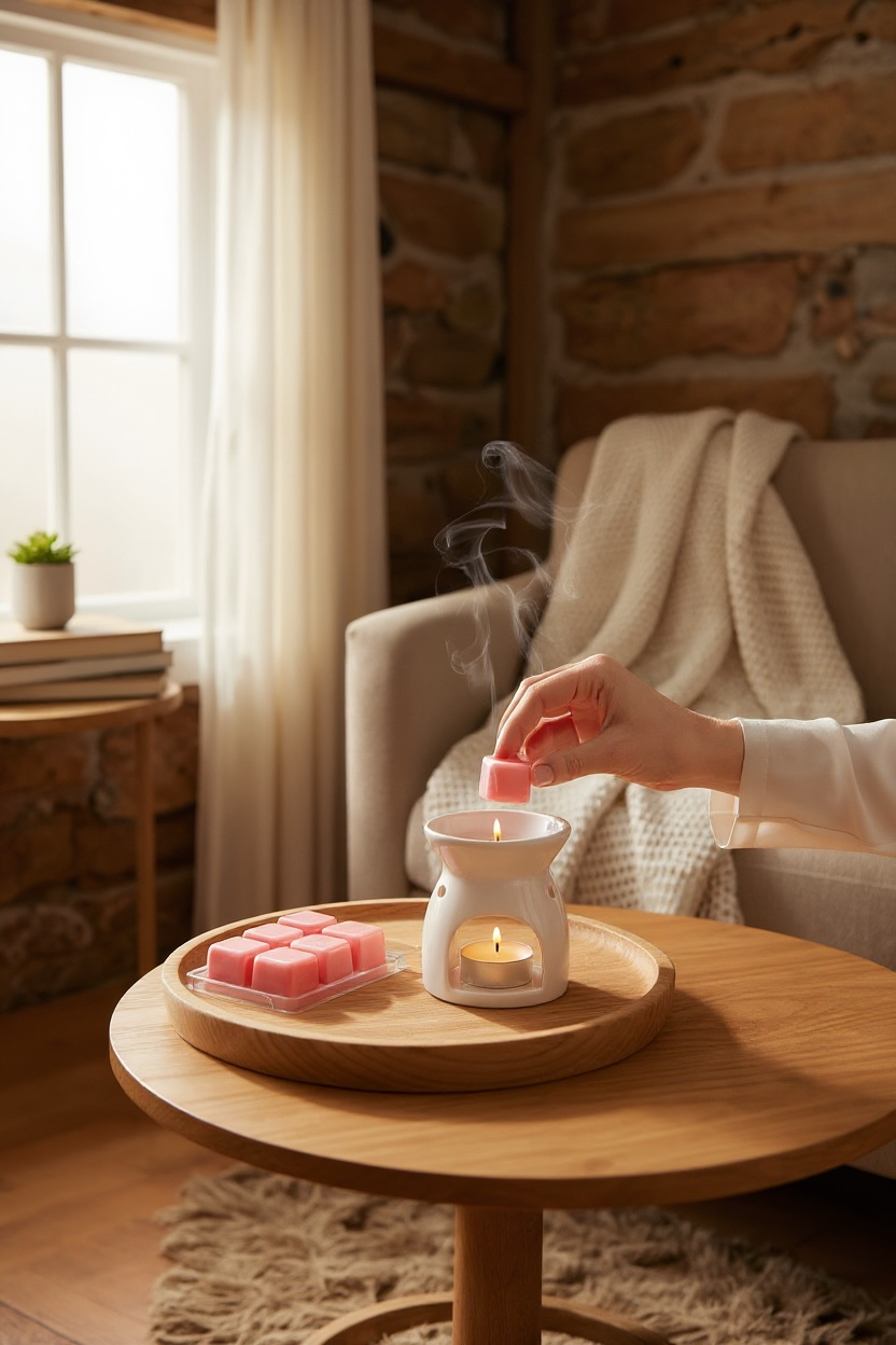 Person lighting a wax melt in a wax warmer on a wooden table in a cozy room with a stone wall.