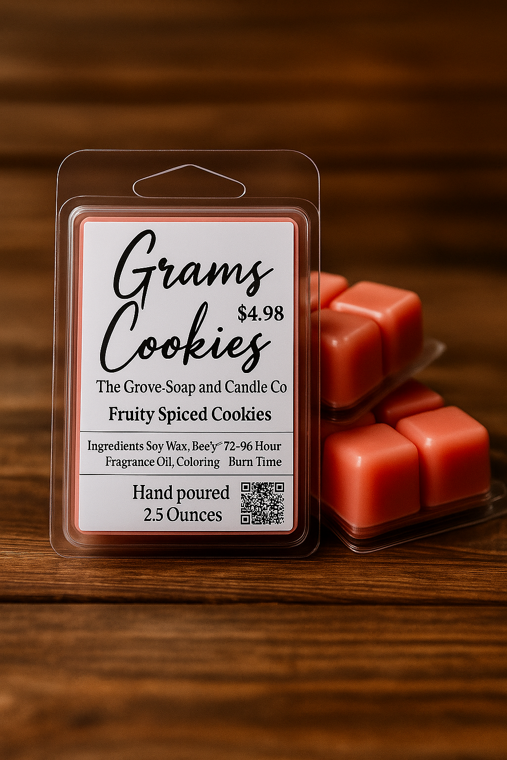 Photo of our wax melt Grams Cookies showing the label of the scent on a wooden background 