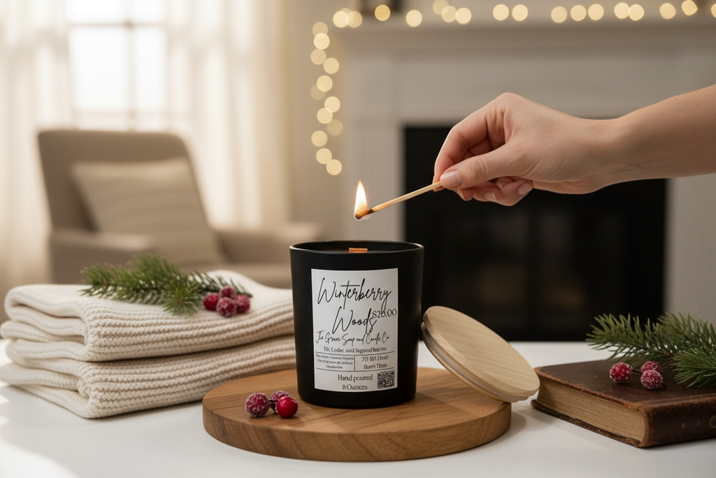 Person lighting a candle labeled 'Winterberry Woods' with festive decorations in the background.