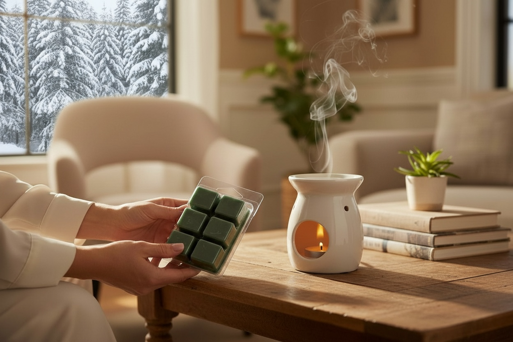 Person holding wax melts near a diffuser with a snowy outdoor view.