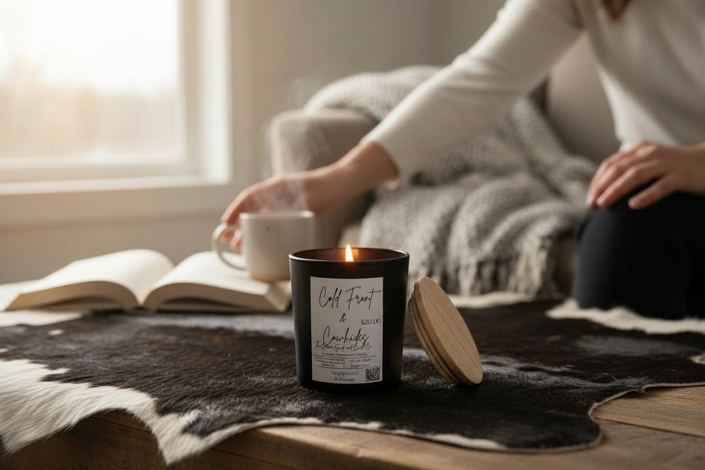 Person sitting on a couch with a candle, book, and cup of coffee in a cozy setting.