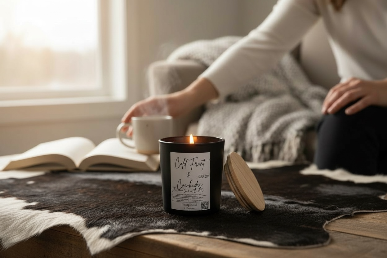 Person sitting on a couch with a candle, book, and cup of coffee in a cozy setting.