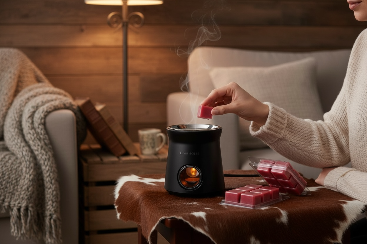 Person using a wax warmer with scented wax cubes in a cozy living room.